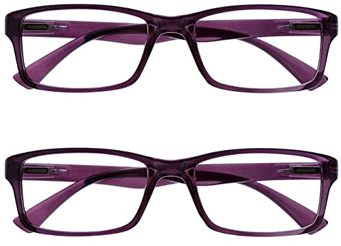 OPULIZE PEP Lesebrille für Damen und Herren - 2er-Pack - Große Rechteckige Brille - Komfortable Federscharniere - Kratzfest - Durchsichtig Lila - UVR +1.00