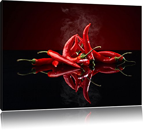 Pixxprint Feurige rote Chili-Choten, Größe: 100x70cm, Leinwandbild, fertig gespannt, Wandbild, Dekoration, Kunstdruck, kein Poster