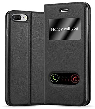 cadorabo Book Case works with Apple iPhone 8 PLUS / 7 PLUS / 7S PLUS in COMET BLACK - with Magnetic Closure, 2 Viewing Windows and Stand Function - Wallet Etui Cover Pouch PU Leather Flip