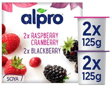 Alpro No Bits Blackberry and Raspberry-Cranberry, Plant-Based & Soya Yoghurt Alternative, Vegan & Dairy Free, 4 x 125g