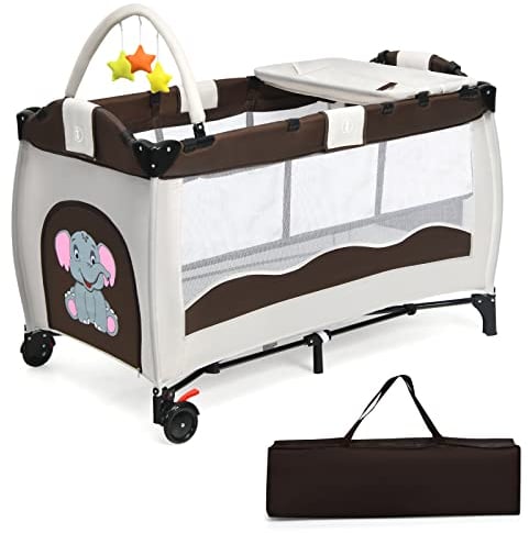 COSTWAY 3 in 1 Reisebett mit Matratze, Kinderreisebett mit Spielbogen, Wickeltisch, Tragetasche, Beistellbett mit Seitentür, atmungsaktives Netz, Babybett klappbar mit Rollen bis 45 kg belastbar,Braun
