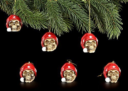 Figuren-Shop.de Christbaum-Schmuck - Totenköpfe mit Weihnachtsmütze - 6er Set