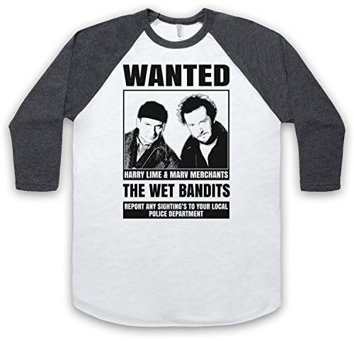 Home Alone The Wet Bandits Wanted Poster 3/4 Hulse Retro Baseball T-Shirt, Weis & Dunkelgrau, Large