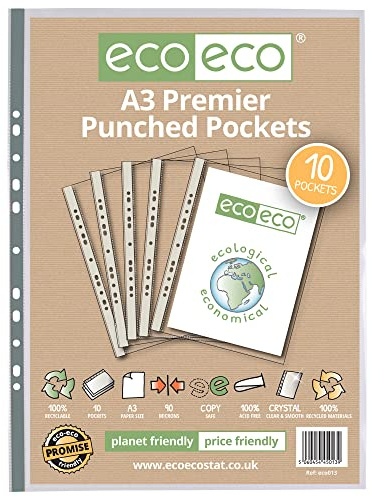 eco-eco A3 Portrait 100% Recycled Premier Multi Punched Pockets Glass Clear, Transparent Poly Wallet Sheet Protector, 90 Microns (Pack Of 10), eco013