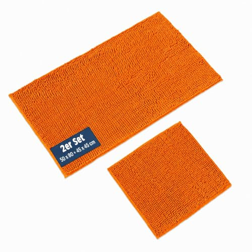 WohnDirect Badematten-Set 2-TLG 50x80+45x45 Orange | Praktisches Duo für Dusche und Waschbereich – griffbereit einsetzbar, ergänzt jede Badezimmereinrichtung stilvoll