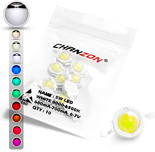 CHANZON 10 pcs High Power Led Chip 5W White (6000K - 6500K / 600mA - 700mA / DC 6V - 7V / 5 Watt) Super Bright Intensity SMD COB Light Emitter Components Diode 5 W Bulb Lamp Beads DIY Lighting