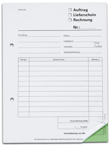 1x Kombiformular Auftrag Lieferschein Rechnung DIN A5 2-fach 2x50 Blatt | 3 Formulare in einem: Auftrag, Lieferschein & Rechnung – 50 Sätze mit grüner Kopie