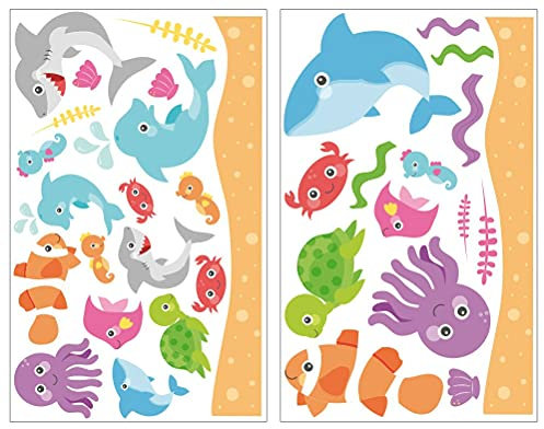Samunshi® 34-teiliges Wandtattoo Lustiges Fisch Set Wandbilder Kinderzimmer Deko Junge Wandtattoo Kinderzimmer Mädchen Wandsticker 2x 33x52cm