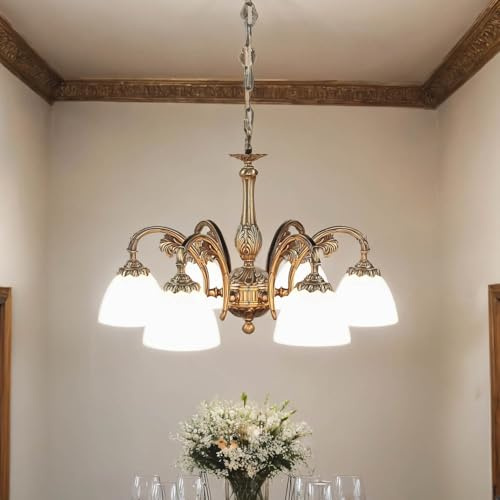 Licht-Erlebnisse Premium Kronleuchter Hängeleuchte aus Messing bronziert Jugendstil E14 bis 40W 230V Glas matt Wohnzimmer Esszimmer Lampe Leuchte Beleuchtung Pendelleuchte Pendellampe Hängelampe