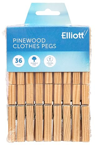 Elliott Traditional Pinewood Clothes Pegs with Contoured Design to Prevent Marking Clothes and Metal Coil Spring for Firm Grip, This Pack Include 36 Pegs Ideal For Outdoor and Indoor Use