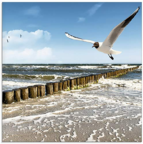 ARTland Wanddeko Glasbilder Wandbild Glas Bild einteilig Quadratisch Strand Meer Maritim Landschaft See Ostsee Möwe Himmel Sommer T5QR