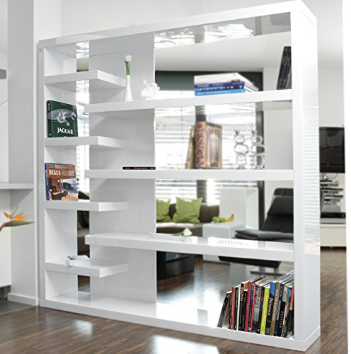Stand-Regal Raum-Teiler weiß Hochglanz aus MDF 200x200 cm | Wall | Designer Regal Hochglanz Weiss mit viel Stauraum 200cm x 200cm | Mehrzweck-Regal auch als Bücher-Regal geeignet
