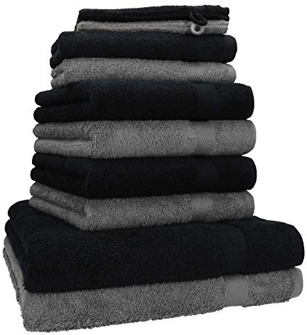 Betz 10-TLG. Handtuch-Set Premium 100% Baumwolle 2 Duschtücher 4 Handtücher 2 Gästetücher 2 Waschhandschuhe Farbe Anthrazit & Schwarz