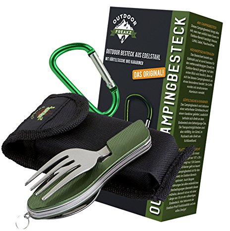 OUTDOOR FREAKZ Couverts de camping en acier inoxydable avec sac pliable en néoprène (vert +)