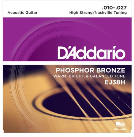 D'Addario EJ38H Phosphor Bronze Acoustic Guitar Strings, High Strung/Nashville Tuning, 10-27 (2 Pack)