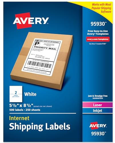 Avery Half Sheet Printable Shipping Labels, 5.5 x 8.5, White, 500 Blank Mailing Labels, Great for Packages, Product Merchandising, Organization, and More (95930)