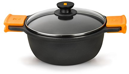 BRA Cacerola Alta con Tapa de Cristal y Asas de Silicona Extraíbles, Aluminio Fundido, Negro, 24 cm