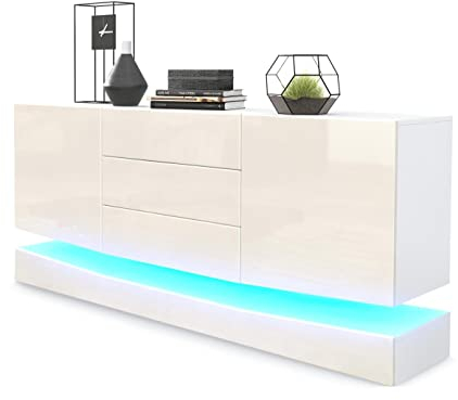 Vladon Sideboard City, Made in Germany, Weiß matt/Creme Hochglanz inkl. LED - Moderne Kommode für Ihr Wohnbereich (178 x 72 x 38 cm)