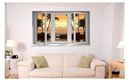 Stickers trompe l'oeil fenêtre Coucher de soleil - L 150cm x H 90cm