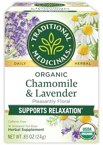 Traditional Medicinals Organic, Chamomile & Lavender - Chamomile Tea Supporting Stress Relief and Relaxation - Kosher, Non-GMO, Caffeine-Free, Compostable - 16 Tea Bags