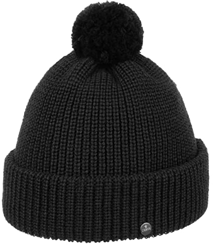 LIERYS Navigat Pudelmütze Damen/Herren - Strickmütze Made in Germany - Bommelmütze aus Schurwolle - Wollmütze mit Umschlag - Mütze Herbst/Winter - Wintermütze One Size 53-60 cm schwarz One Size