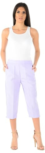 MyShoeStore Ladies Womens 3/4 Three Quarter Half Elasticated Trouser Plain Capri Cropped Stretch Trousers Plain ¾ Length Pants Summer Shorts Plus Big Sizes 10 to 24 (Lilac3/4, UK 14)