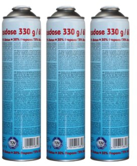 CFH Universaldruckgasdose AT 2000 – 3 Stück, Druck Gas Dose mit Anschraubgewinde nach DIN EN 417, Propan/Butan-Gasgemisch (30%/70%), 3x Inhalt 330 g, Für Gasgeräte mit Schraubanschluss nach DIN 521