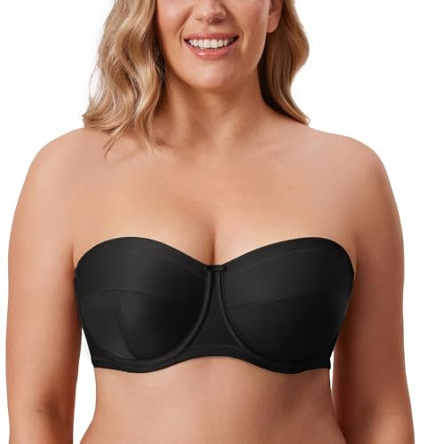 DELIMIRA Femme Soutien Gorge sans Bretelles Grande Taille avec Armature Bandeau Non Rembourré Antiglisse Noir 120D