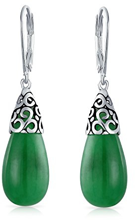 Western Stil Edelstein Gefärbte Grüne Jade Verlängerte Träne Filigree Hebel Zurück Baumeln Ohrringe Für Frauen .925 Sterling Silber