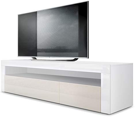 Vladon Lowboard Valencia, Made in Germany, TV-Kommode mit 1 offenem Fach und 2 Klappen, Weiß matt/Creme Hochglanz/Weiß Hochglanz (155 x 46 x 40 cm)