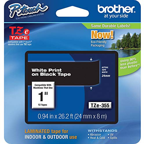 Brother Original P-touch TZE-355 Klebeband, 2,4 cm breit, Standard laminiertes Klebeband, weiß auf schwarz, laminiert für den Innen- und Außenbereich, wasserfest, 24 mm x 8 m, Einzelpack, TZE355