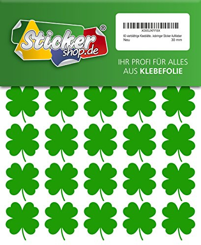 60 vierblättrige Kleeblätter, 30 mm, aus PVC Folie, selbstklebend, wetterfest, Glücksbringer Sticker Aufkleber