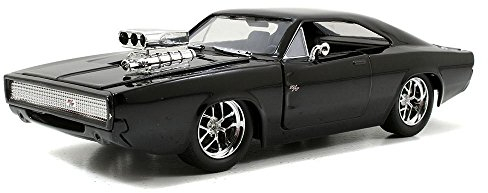 Jada Toys 97059 Fast & Furious Dom's 1970 Dodge Charger R/T, Auto, Spielzeugauto aus Die-cast, öffnende Türen, Kofferraum & Motorhaube, Maßstab 1:24, glänzend schwarz