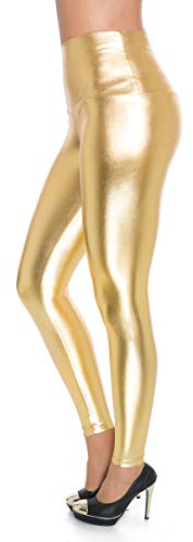 FUTURO FASHION - Leggings de Tiro Alto - Acabado Mate y Brillante - Cuero sintético - Dorado - Talla EU 36