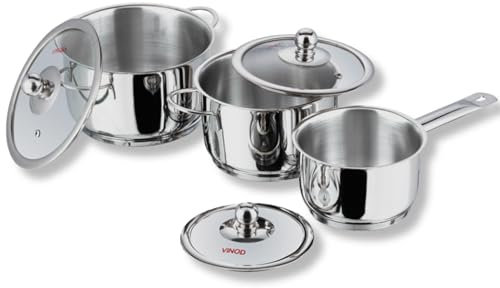 Vinod Tuscany Stainless Steel Cookware Combo Set of 3 with Glass Lid, Saucepan 14cm, Casserole16 cm, 18 cm Diameter 5mm Thick, Extra Deep Induction Base