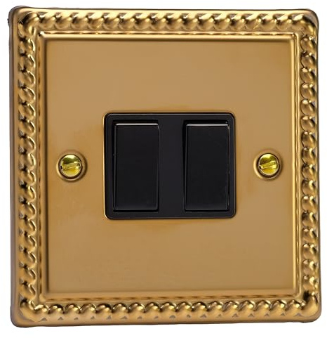 Varilight Double Rocker Light Switch Intermediate - Classic Georgian Brass With Black Rockers, XG77B