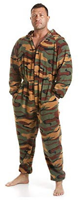 Camille Mens Super Soft Fleece Onesie - Hooded All In One - Long Sleeved and Side Pockets for Ultimate Comfort & Warmth Green Camoflage MEDIUM