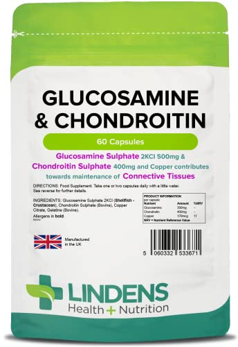 Lindens - Glucosamine & Chondroitin, 60 Capsules - UK Made - Glucosamine Sulphate 2KCl 500mg, Chondroitin 400mg with Copper - Connective Tissue & Joint Support, Letterbox Friendly