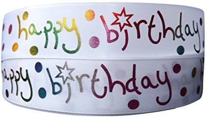 2m x 25mm White and Mutli Colour Happy Birthday Satin Ribbon for Cakes Birthday Cakes Gift wrap Wrapping Ribbon Cards Decoration Craft