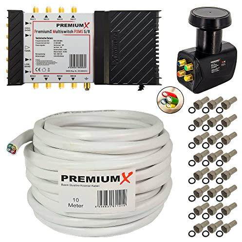 Premium X Multischalter Set 5/8 Multiswitch mit 10m Quattro Antennenkabel 4in1 und Quattro LNB 1 Satellit für 8 Teilnehmer 4K UHD
