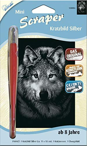 MAMMUT 130004 - Kratzbild, Motiv Wolf, silber, glänzend, mini, Komplettset mit Kratzmesser und Übungsblatt, Scraper, Scratch, Kritzel, Kratzset für Kinder ab 8 Jahre