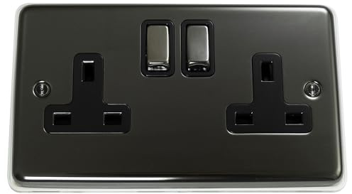 Discount Electrix 2 Gang Plug Socket Outlet Black Nickel Finish with Black Inserts