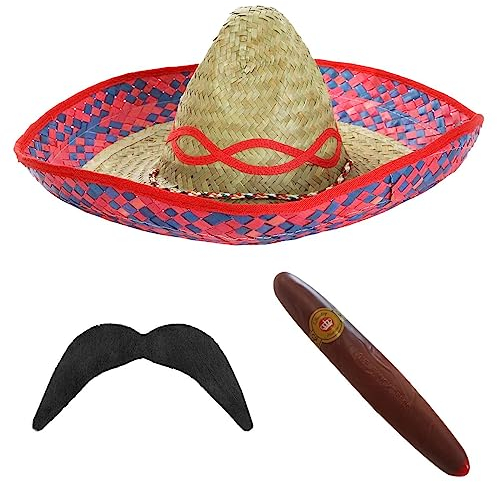Sombreros de paja mexicanos con bandas de fiesta mexicanas y bigotes postizos (6 unidades cada uno)