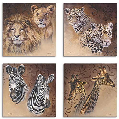 ARTLAND Wanddeko Leinwand Bilder Set 4tlg. je 20x20 cm Quadratisch Wandbilder Tiermotive Afrika Löwen Leoparden Zebra Giraffen S7EZ