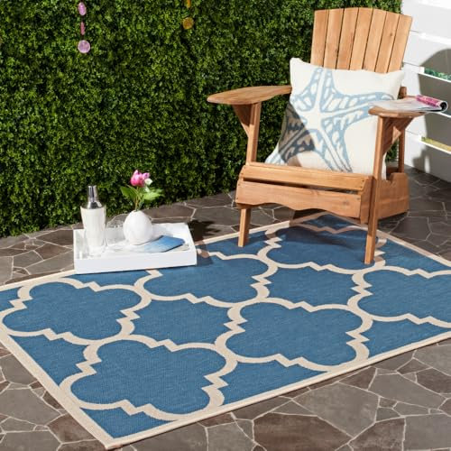 SAFAVIEH Washable Rug Outdoor Courtyard Collection - 4' Square, Blue & Beige, Non-Shedding & Easy Cleaning, Ideal for Patio, Backyard, Mudroom (CY6243-243)