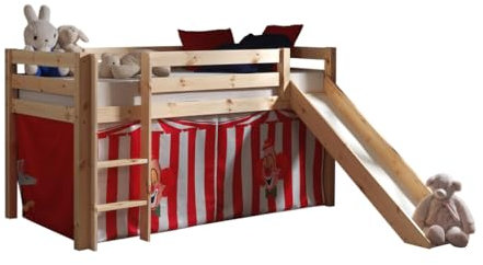 VIPACK PICOHSGB1072 Spielbett Pino mit Rutsche und Textilset Zirkus, Maße 210 x 114 x 218 cm, Liegefläche 90 x 200 cm, Kiefer massiv natur lackiert