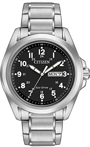 Citizen Men's Eco-Drive Weekender Garrison Field Watch in Stainless Steel, Black Dial, Arabic Markers, Luminous, 43mm (Model: AW0050-82E)
