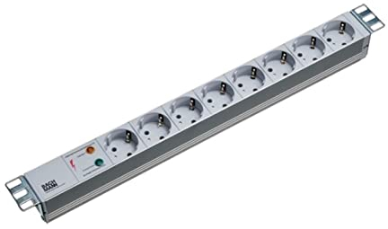 Bachmann Steckdosenleiste 19'' Zoll PDU 8-Fach mit Überspannungsschutz 1HE 2m Kabel Mehrfachsteckdose für Serverschrank Rack Grau 333.404 (inkl. 2X Befestigungswinkel und Schrauben)