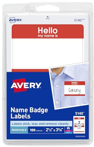 Avery Personalisierbare Namensschilder, Hello My Name is, weiß, roter Rand, entfernbarer Klebstoff, Laser-/Tintenstrahldrucker, insgesamt 100 (5140)