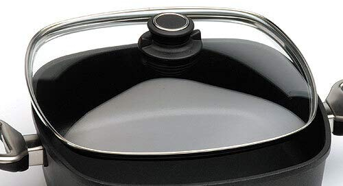 Pfannen Harecker Sicherheitsglasdeckel 24 x 24 cm, Ofenfest bis 240°, Aluminiumrand, Entlüftung, Spülmaschinenfest, Schwarz